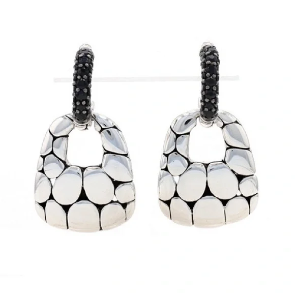 John Hardy Kali Silver Lava Door Knocker Hoop Drop Earrings with black sapphire